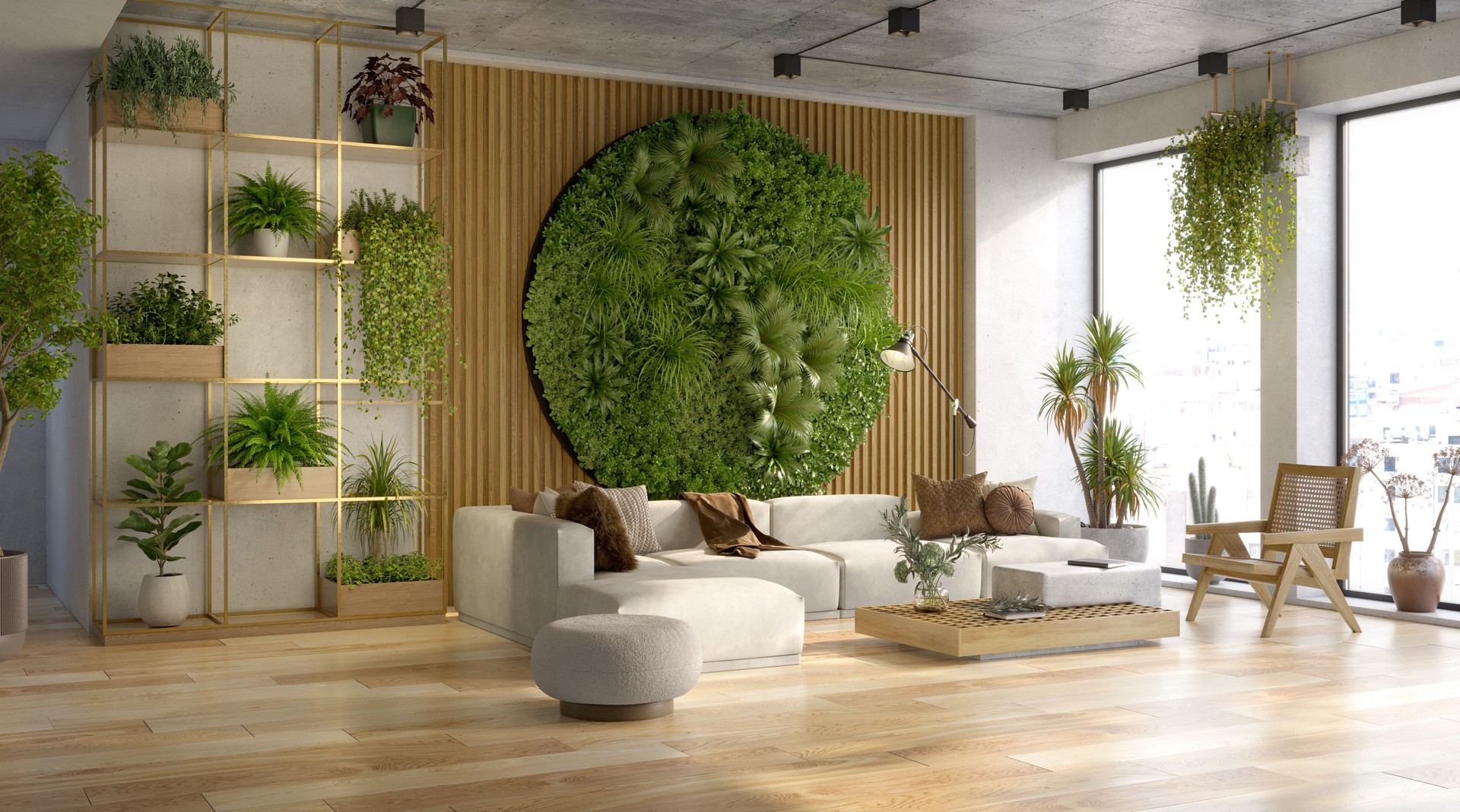 Vertical Green Wall in a living room interior, 3d render