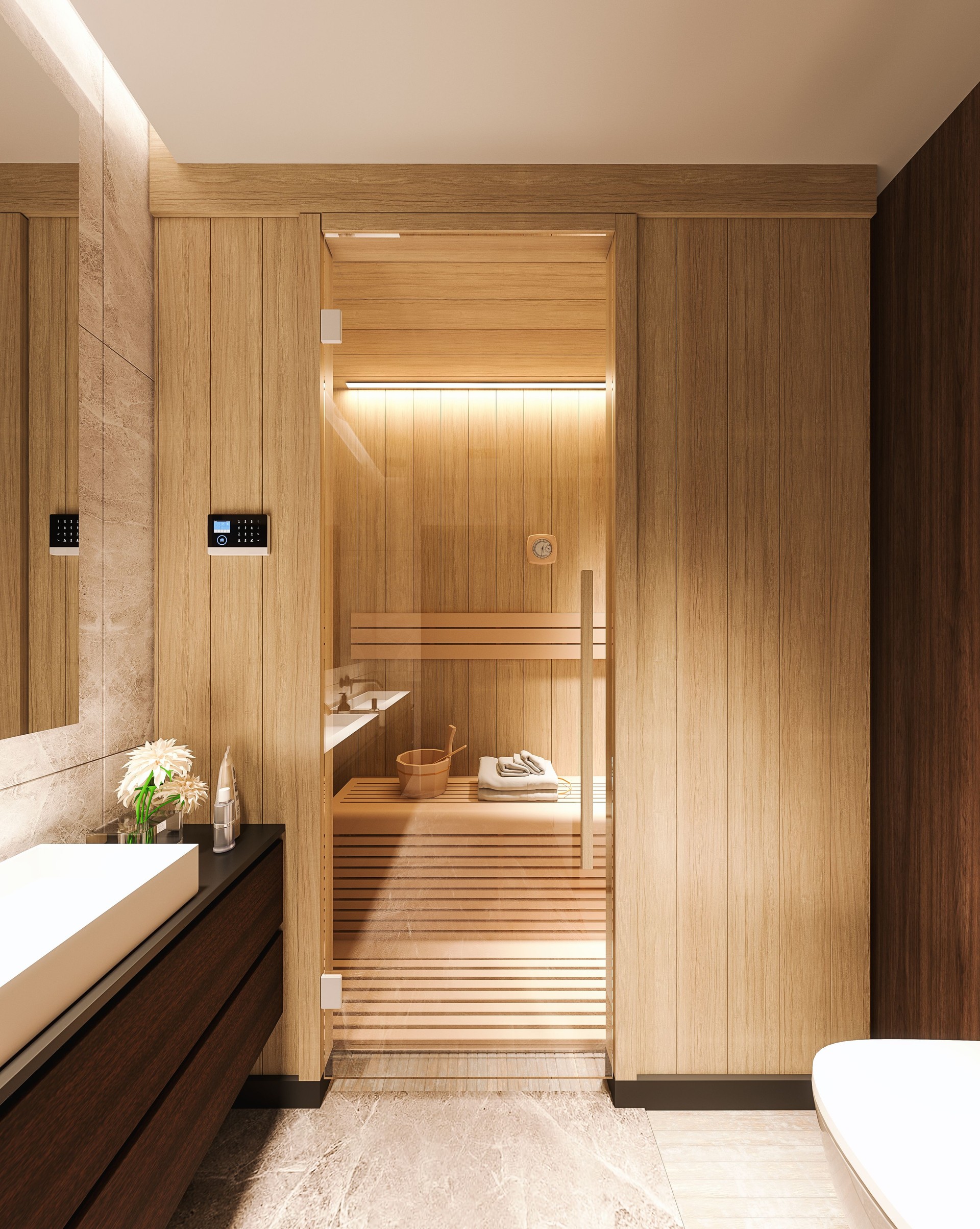 Modern bathroom design with sauna. Home spa interior design.