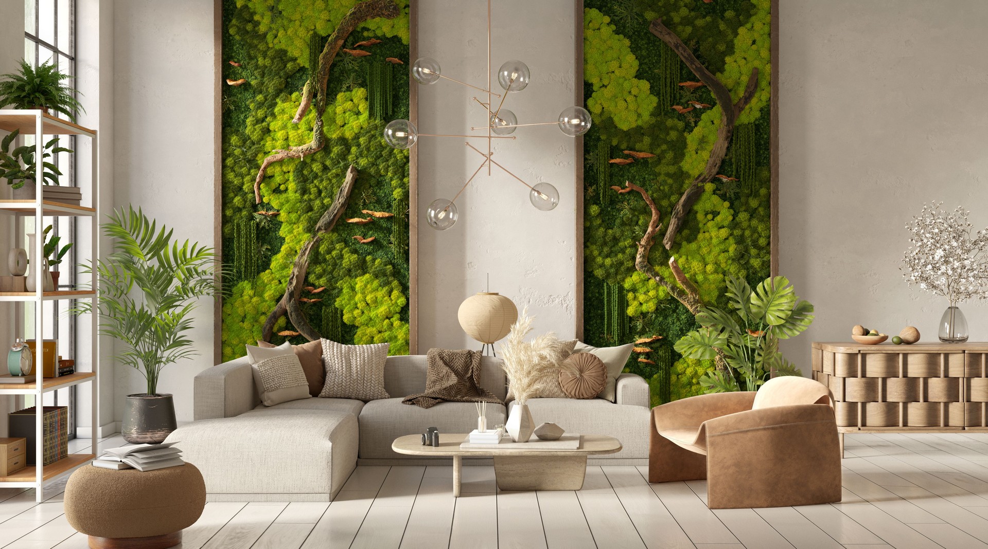 Modern living room interior with scandinavian moss on the wall, 3d rendering